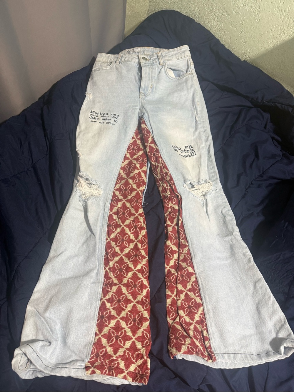 Bad Bunny Light Wash Women's Flare Jeans with Red Pattern Panels